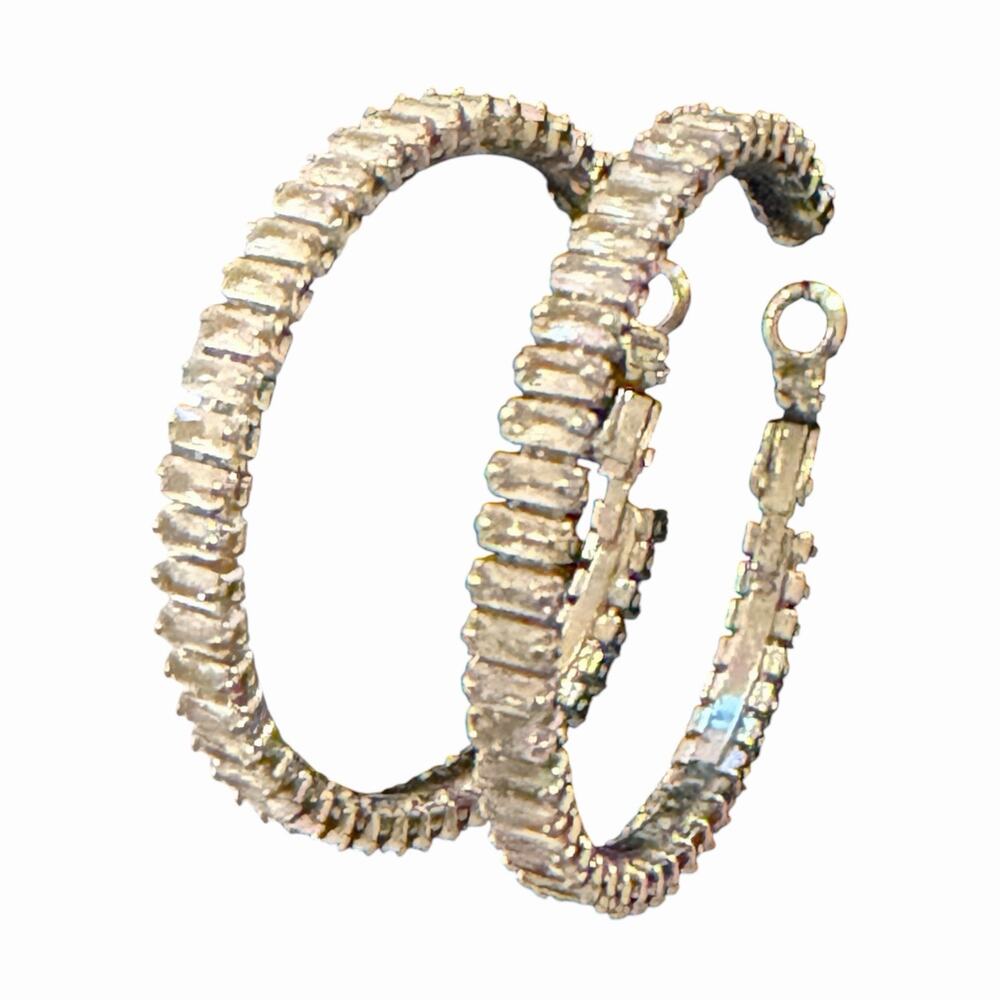 Vintage Silver Tone Baguette Rhinestone Hoop Earrings 1.75” Prong Set Statement